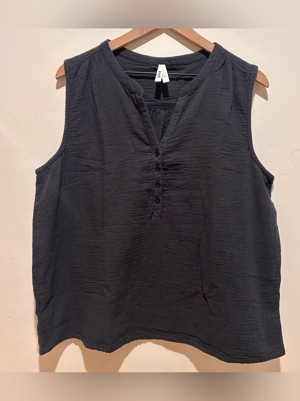 Pact Organic Cotton Coastal Double Gauze Henley Dark Charcoal Grey Tank - Large